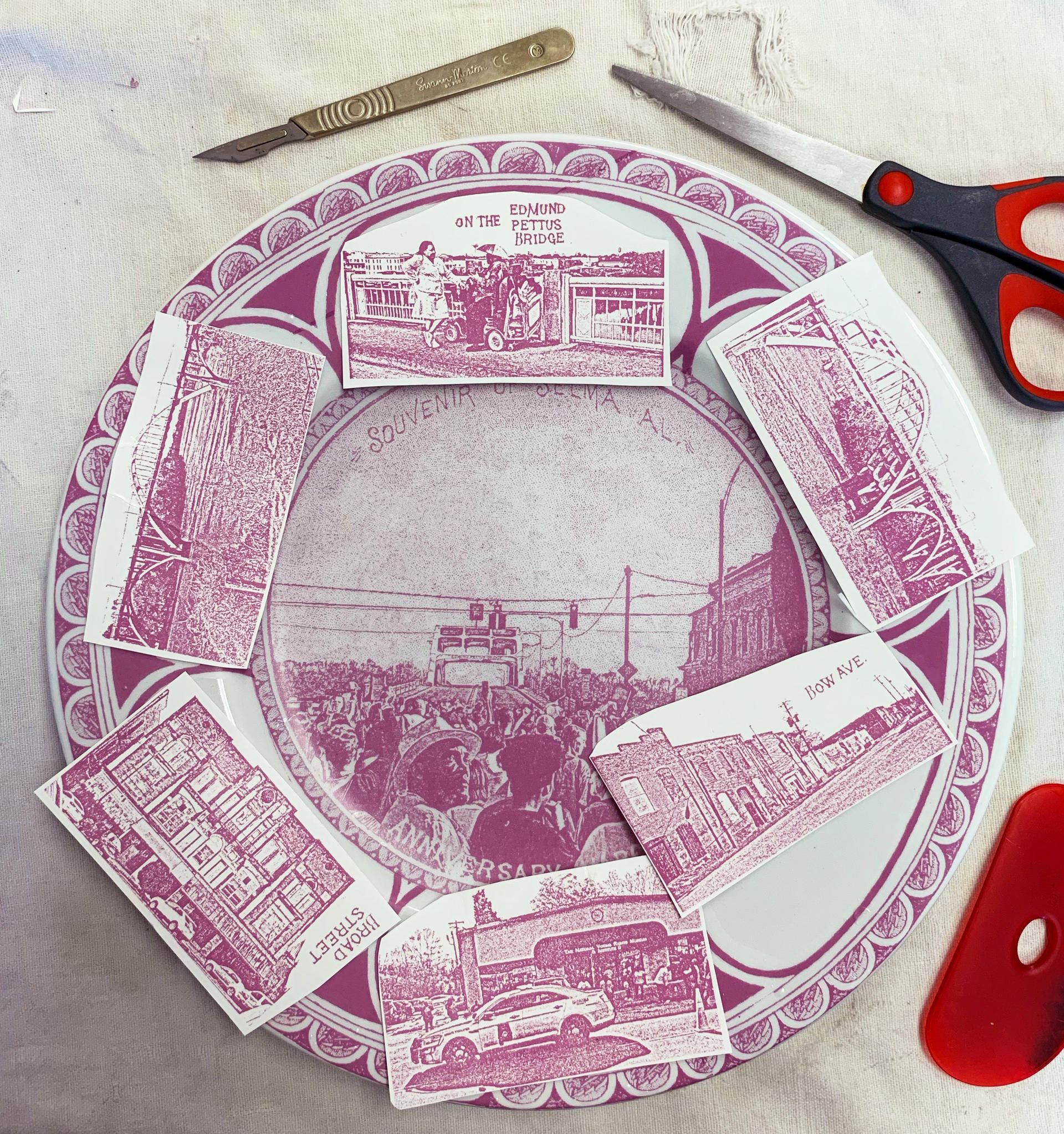 assembling transferware tissue on a plate in preparation for firing