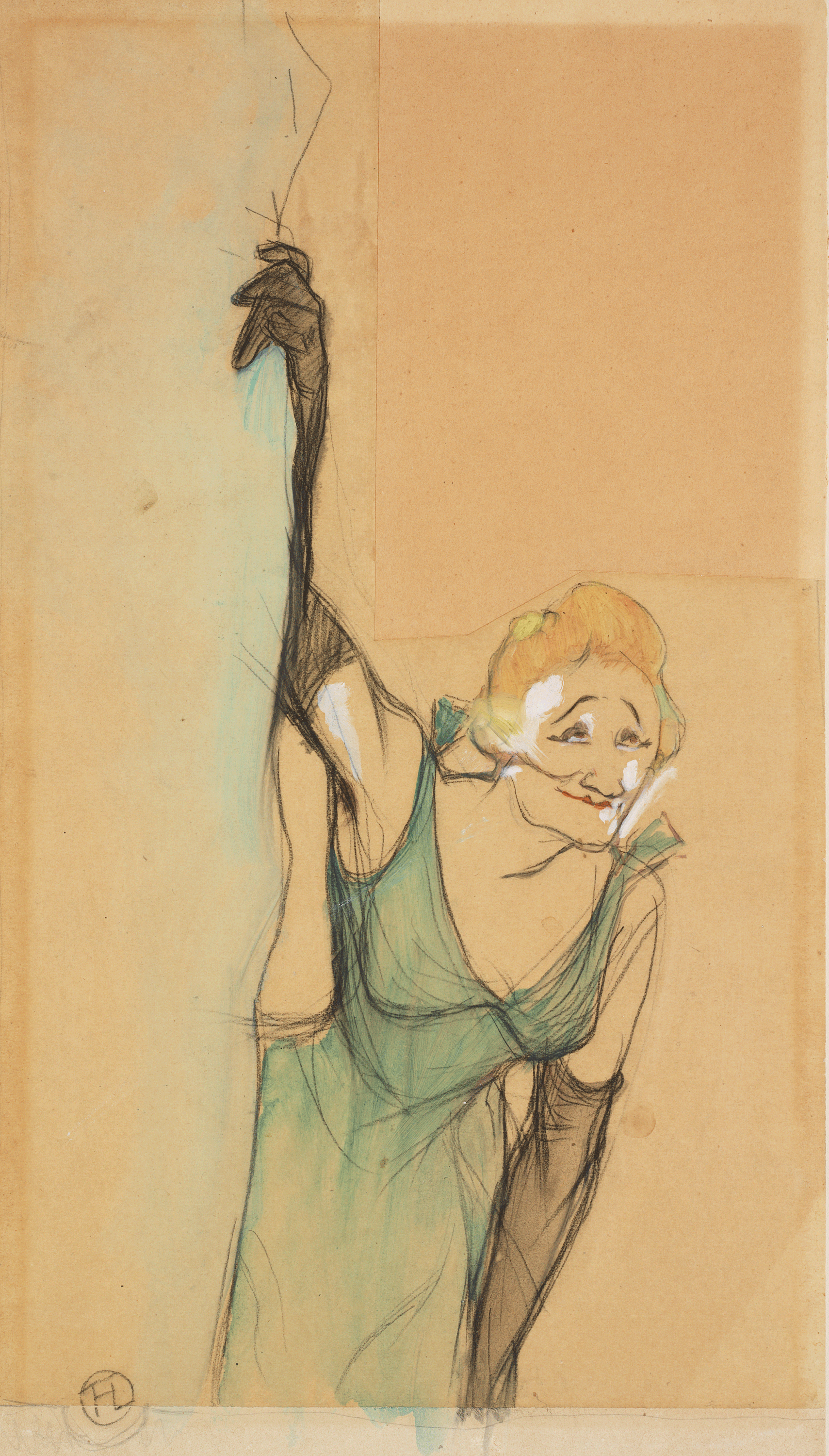 Expressive drawing of a blonde light-skinned woman in a green sleeveless gown and long black gloves. Shown in ¾ view, she turns slightly, smiling and bowing, right arm raised. 