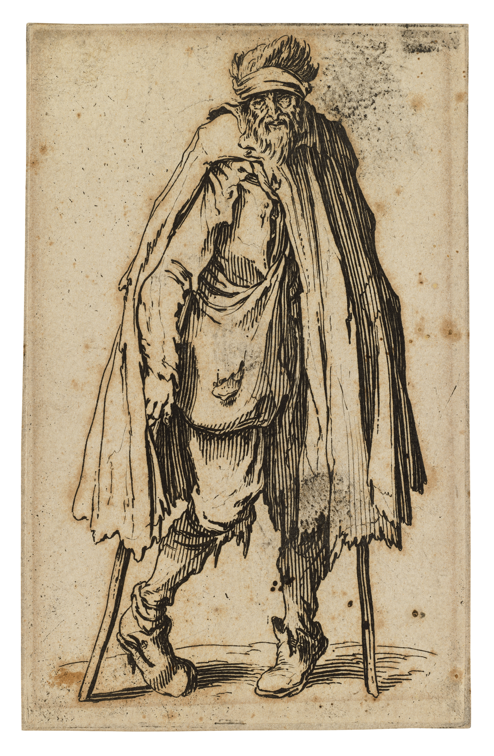 Drawing of a bearded old man standing on crutches. He wears tattered clothes and his feet turn in painfully.