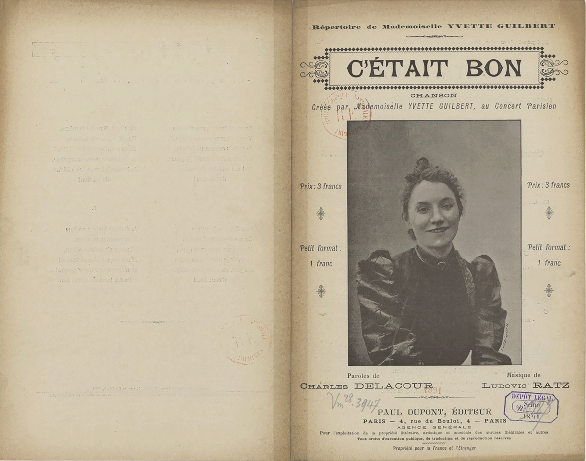 Sheet music cover with a black-and-white photo of a smiling young light-skinned woman wearing a long-sleeved fitted black dress, her hair in a bun. Text in French reads: "Répertoire de Mademoiselle Yvette Guilbert. C'était Bon, chanson. Créée par Mademoiselle Yvette Guilbert, au concert au Parisien. Prix: 3 francs. Petit format: 1 franc. Paroles de Charles Delacour. Musique de Ludovic Ratz. Paul Dupont, éditeur. 4 rue de Bouloi, Paris. Pour exploitation de la propriété littéraire, artistique, et musicale de