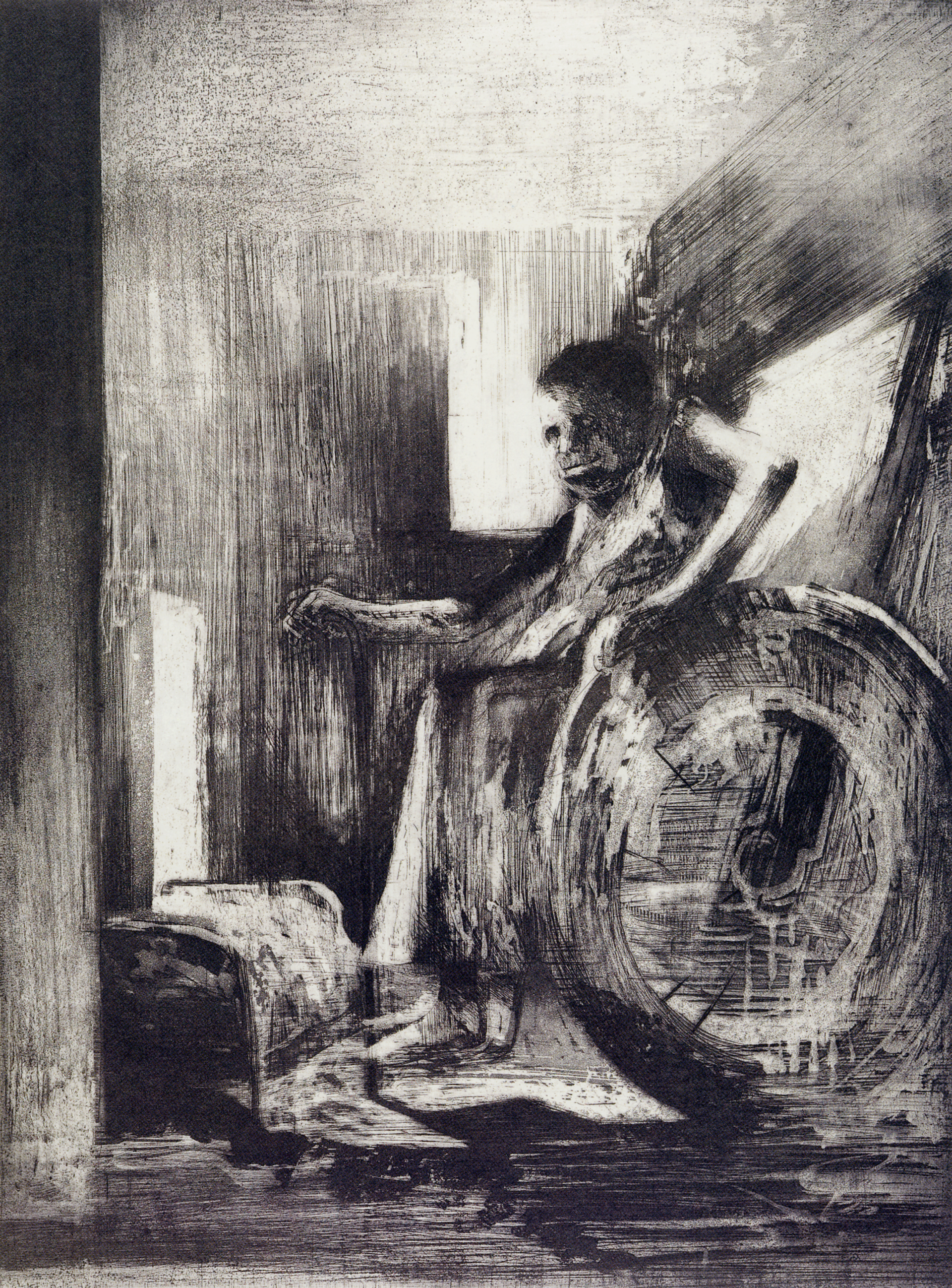 Streaky, moody, black etching of a figure sitting in a narrow room, in a wheelchair facing the center, with furniture at his feet. Blocks of light illuminate the room. 